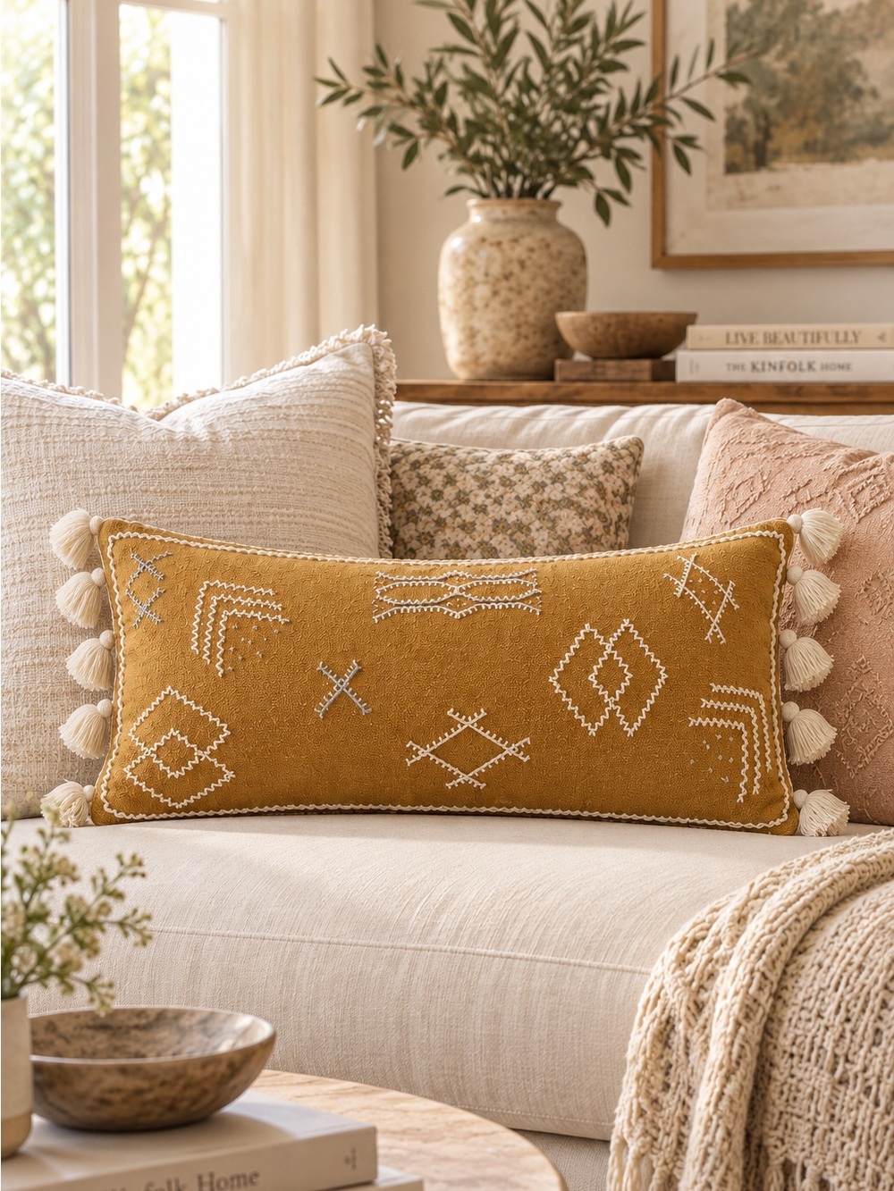 Joanna Gaines for Anthropologie Embroidered Sadie Lumbar Pillow Ochre 12x27